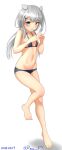  1girl alternate_costume barefoot bikini dated fake_horns flat_chest full_body grey_eyes grey_hair horned_headwear horns i-201_(kancolle) kantai_collection long_hair low_twintails navel one-hour_drawing_challenge ray.s simple_background solo swimsuit twintails twitter_username white_background 