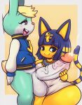  2022 animal_crossing ankha_(animal_crossing) anthro balls big_balls big_penis bodily_fluids bottomless clothed clothing cum digital_media_(artwork) domestic_cat duo felid feline felis female genital_fluids genitals hair hi_res huge_balls huge_penis humanoid_genitalia humanoid_penis lagomorph leporid male male/female mammal matospectoru nintendo open_mouth penis rabbit sasha_(animal_crossing) simple_background smile vein video_games 