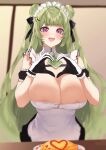  1girl antenna_hair areola_slip bare_shoulders black_gloves black_skirt blush breasts cleavage commentary dera_self detached_collar double_bun food gloves goddess_of_victory:_nikke green_hair green_necktie hair_bun heart heart_hands highres huge_breasts looking_at_viewer maid_headdress moe_moe_kyun! mole mole_on_breast multicolored_clothes multicolored_gloves necktie omelet omurice open_mouth purple_eyes short_necktie skindentation skirt smile soda_(nikke) solo teeth two-tone_gloves upper_teeth_only white_gloves white_headdress 