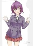  1girl ahoge artist_name blazer cowboy_shot dated gakky grey_jacket highres holding jacket kantai_collection official_alternate_costume one-hour_drawing_challenge purple_eyes purple_hair red_skirt sakawa_(kancolle) short_hair skirt snowball solo standing white_background 