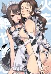  2girls :d absurdres alternate_costume animal_ears animal_print apron arms_at_sides ass asymmetrical_docking back_bow bare_arms bare_shoulders bikini blue_background bow bowtie breast_press breasts bridal_gauntlets brown_eyes collarbone cow_ears cow_girl cow_horns cow_print cowboy_shot cross-laced_clothes cross-laced_dress detached_collar dress drinking_straw drinking_straw_in_mouth earrings elbow_gloves enmaided extra_ears eyelashes fangs frilled_apron frilled_dress frills girls_und_panzer gloves green_eyes grey_bow grey_dress hair_between_eyes half-closed_eyes highres holding horns jewelry katsuoboshi large_breasts layered_dress lips long_hair looking_at_viewer looking_back maid maid_apron maid_bikini maid_headdress medium_breasts mika_(girls_und_panzer) milk_carton mouth_hold multiple_girls open_mouth print_bikini print_bow print_bowtie print_dress print_thighhighs puckered_lips ribbon-trimmed_dress short_dress sleeveless sleeveless_dress smile strap_gap sweat swimsuit thighhighs unconventional_maid underboob waist_apron white_apron white_bikini yuri_(girls_und_panzer) 