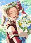  1girl aerith_gainsborough aerith_gainsborough_(rosy_battle_suit) bare_shoulders black_bodysuit blue_flower blue_ribbon bodysuit bouquet braid braided_ponytail brown_hair closed_eyes detached_sleeves facing_viewer final_fantasy final_fantasy_vii final_fantasy_vii_ever_crisis final_fantasy_vii_remake flower gloves happy_birthday head_wreath highres holding holding_bouquet light_blush long_hair maki_haruki official_alternate_costume open_mouth outdoors parted_bangs red_gloves red_sleeves ribbon sidelocks single_braid smile solo twitter_username upper_body wavy_hair white_flower yellow_flower 