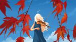  1girl ahoge autumn_leaves bare_arms bare_shoulders blue_dress blue_sky bow_(music) closed_eyes closed_mouth cloud cowboy_shot day dress facing_viewer highres holding holding_bow_(music) holding_instrument holding_violin instrument leaf long_hair maple_leaf music original outdoors playing_instrument sky sleeveless sleeveless_dress solo standing taizo_(taizo_03) violin white_hair 