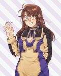  1girl absurdres arm_behind_back blue_eyes braided_sidelock breasts brown_hair cleavage commentary commission english_commentary glasses highres johan_(deathamaranth) long_hair looking_at_viewer purple_background shion_uzuki smile solo standing two-tone_background waving white_background xenosaga 