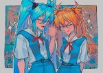  2girls absurdres angry aqua_eyes blue_eyes chibi cropped_legs gossip grin half-closed_eyes hatsune_miku highres long_hair looking_at_viewer multiple_girls neon_genesis_evangelion orange_hair sainttufa school_uniform skirt smile smug souryuu_asuka_langley standing suspender_skirt suspenders tokyo-3_middle_school_uniform twintails very_long_hair vocaloid 