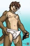 anthro black_nose blue_background bodily_fluids briefs briefs_only brown_hair cellphone claws clothed clothing detailed_background dick_pic electronics fur genital_fluids gradient_background hair hi_res mammal monotone_briefs monotone_clothing monotone_underwear mustelid navel nipples otter phone precum simple_background smile solo sweaciabic tan_body tan_fur tenting tighty_whities tongue tongue_out topless underwear underwear_only whiskers white_background white_briefs white_clothing white_underwear
