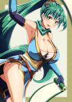  1girl :d arm_up arm_wrap armpits bare_shoulders blue_dress blue_headband blush border breasts chest_sarashi cleavage commentary commission dress earrings english_commentary fire_emblem fire_emblem:_the_blazing_blade fire_emblem_heroes green_border green_eyes green_hair green_scarf headband holding holding_scroll huge_breasts jewelry jpeg_artifacts large_breasts long_hair looking_at_viewer lyn_(fire_emblem) obi obijime official_alternate_costume open_mouth outside_border ponytail sarashi sash scarf scroll shuriken side_slit skeb_commission sleeveless sleeveless_dress smile solo to_(tototo_tk) very_long_hair weapon yellow_sash 