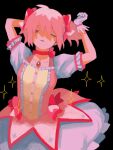  1girl arm_behind_head arms_up black_background bow bubble_skirt choker collarbone commentary_request gloves hair_bow half-closed_eye highres jewelry kaname_madoka looking_at_viewer magical_girl mahou_shoujo_madoka_magica mahou_shoujo_madoka_magica_(anime) multicolored_shirt multiple_hair_bows nou_325 one_eye_closed open_mouth pendant pink_bow pink_choker pink_eyes pink_hair pink_shirt puffy_short_sleeves puffy_sleeves ribbon_choker shirt short_sleeves short_twintails simple_background skirt solo soul_gem sparkle twintails white_gloves white_skirt yellow_shirt 