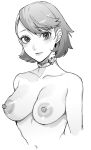  1girl azukiko blush breasts brown_eyes brown_hair choker closed_mouth collarbone completely_nude cropped_torso earrings greyscale hair_between_eyes highres jewelry large_areolae looking_at_viewer medium_breasts monochrome nipples nude persona persona_3 portrait short_hair simple_background solo takeba_yukari upper_body white_background white_choker 