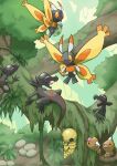  animal_focus branch bug commentary_request egg fangs floating highres horns kakuna leaf lizard mothim mushroom no_humans outdoors plant pokemon pokemon_(creature) pokemon_egg purple_eyes q-chan salandit single_horn skin_fangs slit_pupils tail tongue tree weedle wings 