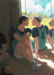 2boys akaashi_keiji black_hair blue_sky bokuto_koutarou cloud cloudy_sky crossed_arms haikyuu!! hands_on_floor highres looking_at_another miko_(15476997) multicolored_hair multiple_boys open_mouth sitting sky sportswear volleyball_net volleyball_uniform white_footwear wooden_floor 