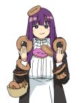  1girl basket blush breasts closed_mouth commentary_request doughnut fern_(sousou_no_frieren) food food_on_head highres holding holding_basket holding_food large_breasts long_hair long_sleeves looking_at_viewer momo_no_suidou-sui object_on_head purple_eyes purple_hair robe simple_background smile solo sousou_no_frieren standing white_background 