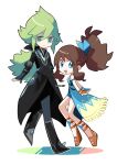  1boy 1girl :d artist_name black_coat blue_eyes brown_hair clear_2758 closed_mouth coat commentary_request green_hair high_ponytail highres hilda_(pokemon) hilda_(sygna_suit)_(pokemon) long_hair n_(pokemon) n_(sygna_suit)_(pokemon) open_mouth pokemon pokemon_masters_ex sidelocks simple_background smile twitter_username white_background 