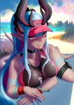  1girl absurdres bangs bare_shoulders black_one-piece_swimsuit blue_hair blush body_markings breasts choker collarbone colored_skin fate/grand_order fate_(series) furo_(lotech) grey_skin highres horns ibuki_douji_(fate) ibuki_douji_(swimsuit_berserker)_(fate) large_breasts long_hair looking_at_viewer multicolored_hair one-piece_swimsuit oni oni_horns pink_hair pink_headwear pink_one-piece_swimsuit pointy_ears ponytail red_eyes sidelocks smile solo swimsuit tail thigh_strap thighs tongue tongue_out two-tone_swimsuit visor_cap wristband 