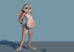  2020 absurd_res anthro belly big_belly breasts digital_media_(artwork) disney ears_down female full-length_portrait genitals grey_body hi_res judy_hopps lagomorph leporid mammal nipples nude open_mouth open_smile pivoted_ears portrait pregnant pregnant_female pussy rabbit sabrotiger simple_background smile solo standing zootopia 