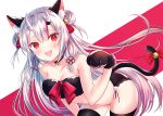  1girl :d alternate_costume animal_ear_fluff animal_ears animal_hands bell bent_over black_panties black_thighhighs blush bow breasts cat_ears cat_tail double_bun fangs fur_bra gloves hair_bell hair_bun hair_ornament hair_ribbon haruhitooo highres hololive horns looking_at_viewer medium_breasts multicolored_hair nakiri_ayame neck_bell oni oni_horns panties paw_gloves paw_pose red_background red_eyes red_hair ribbon smile solo streaked_hair tail tail_bell tail_bow tail_ornament thighhighs tress_ribbon two-tone_background underwear virtual_youtuber white_background white_hair 