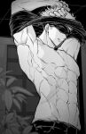  1boy abs armpits blindfold gojou_satoru highres indoors jujutsu_kaisen male_focus muscular muscular_male nay_bb pants parted_lips pectorals plant shirt short_hair solo undressing upper_body 