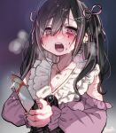  1girl absurdres black_hair blood blood_on_knife blood_stain blush brooch crying crying_with_eyes_open dancho_(dancyo) ear_piercing earrings frilled_shirt_collar frills hair_ribbon heavy highres holding holding_knife jewelry jirai_kei knife long_hair looking_at_viewer multicolored_hair necklace open_mouth original piercing pink_hair pink_shirt ribbon scar scar_on_arm self-harm_scar shirt solo tears two-tone_hair upper_body 