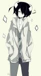  1boy ahoge black_hair collared_shirt etihw_(haiiro_teien) funamusea genderswap genderswap_(ftm) haiiro_teien jacket looking_at_viewer one_eye_closed open_clothes open_jacket sakiroll shirt solo 