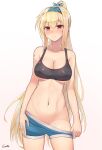  1girl artist_name black_sports_bra blonde_hair blush bow breasts closed_mouth gamryous girls&#039;_frontline green_hairband green_shorts hair_bow hairband highres long_hair looking_at_viewer mod3_(girls&#039;_frontline) ponytail red_eyes shorts smile sports_bra sv-98_(girls&#039;_frontline) underwear 