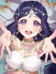  1girl absurdres alternate_hairstyle birthday blue_hair breasts cleavage commentary earrings highres jewelry kyaku_tatsu long_hair looking_at_viewer love_live! love_live!_sunshine!! matsuura_kanan medium_breasts necklace purple_eyes sidelocks signature smile solo upper_body 