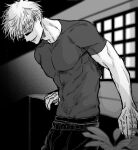  1boy abs cowboy_shot gojou_satoru greyscale hair_down impossible_clothes impossible_shirt indoors jujutsu_kaisen looking_at_viewer lower_teeth_only male_focus monochrome muscular muscular_male navel nay_bb pants parted_lips pectorals shirt short_hair skin_tight solo standing sunglasses teeth window 