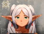  1girl commentary earrings english_commentary frieren green_eyes highres jewelry khyle. long_hair looking_at_viewer pointy_ears portrait solo sousou_no_frieren twintails white_hair 