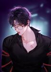  1boy bdsm black_shirt bondage bound glasses kanapy lips lipstick_mark lipstick_mark_on_chest looking_at_viewer love_and_deepspace male_focus parted_lips purple_hair rafayel_(love_and_deepspace) red_eyes shirt short_hair solo teeth 