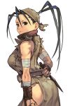  1girl antenna_hair arm_wrap ass bandages bandana bare_shoulders black_hair breasts cowboy_shot dougi from_behind hair_pulled_back high_ponytail hip_vent holding holding_weapon hungry_clicker ibuki_(street_fighter) japanese_clothes kunai large_breasts long_hair looking_at_viewer ninja solo street_fighter street_fighter_iii_(series) weapon white_background 