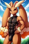 ai_generated anthro brown_body brown_fur bulge clothing cloud fur generation_4_pokemon grass hand_on_hip looking_at_viewer lopunny male muscular muscular_male nintendo one-piece_swimsuit plant pokemon pokemon_(species) solo swimwear unknown_artist