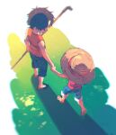  2boys black_hair blue_shorts child hat highres holding holding_hands holding_stick male_focus monkey_d._luffy multiple_boys one_piece orange_tank_top portgas_d._ace short_hair shorts stick straw_hat tako_jirou tank_top walking 