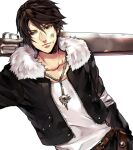  1boy arm_up bandaged_arm bandages belt black_jacket black_pants blue_eyes brown_hair chain_necklace commentary cropped_jacket dirty dirty_face dutch_angle earrings expressionless final_fantasy final_fantasy_viii fur-trimmed_jacket fur_trim gunblade holding holding_sword holding_weapon jacket jewelry leather_belt male_focus multiple_belts necklace open_clothes open_jacket over_shoulder pants scar scar_on_face scar_on_forehead shirt solo squall_leonhart stud_earrings studded_belt sword tama_(tmfy5) upper_body weapon weapon_over_shoulder white_fur white_shirt 