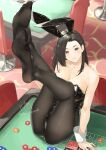  1girl absurdres animal_ears bare_arms bare_shoulders black_eyes black_hair black_leotard black_pantyhose casino covered_navel fake_animal_ears feet feet_up highres leg_up leotard looking_at_viewer mbr90munouk on_table original pantyhose playboy_bunny poker_chip rabbit_ears soles strapless strapless_leotard table wrist_cuffs 