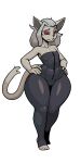 animated anthro barefoot black_sclera clothed clothing digital_media_(artwork) domestic_cat feet felid feline felis female fingers flat_chested freepancakes fur grey_body grey_fur hair looking_at_viewer mammal multicolored_eyes smile solo tail thick_thighs toes white_eyelashes white_hair wide_hips
