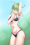  1girl absurdres arm_over_head armpits artist_request bangs bikini braid branch ceres_fauna green_hair head_tilt highres hololive hololive_english horns leaf looking_at_viewer medium_hair muscular muscular_female navel smile swimsuit thighs yellow_eyes 
