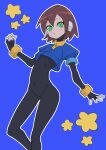  1girl absurdres aile_(mega_man_zx) black_bodysuit blue_background blue_jacket bodysuit brown_hair buzzlyears covered_navel cropped_jacket green_eyes highres jacket mega_man_(series) mega_man_zx no_pants robot_ears short_hair simple_background solo star_(symbol) 
