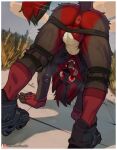 absurd_res anthro balls black_body black_fur canid canine canis clothing fingerless_gloves fur genitals gloves handwear hi_res hinar_miler jockstrap looking_at_viewer looking_back male mammal red_body red_eyes red_fur redfang rollers solo tail tongue tongue_out underwear wolf