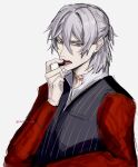  1boy antonio_salieri_(fate) antonio_salieri_(second_ascension)_(fate) artist_name chocolate collared_shirt colored_eyelashes fate/grand_order fate_(series) food grey_hair grey_vest hair_between_eyes hair_intakes half_updo hand_up highres holding holding_chocolate holding_food long_sleeves looking_at_viewer male_focus open_mouth pinstripe_pattern pinstripe_vest red_eyes red_sleeves scar scar_on_neck sharp_teeth shirt short_hair simple_background solo sumi_(gfgf_045) teeth tongue twitter_username upper_body vest white_background white_shirt 