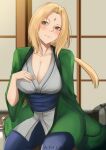  1girl absurdres artist_name blonde_hair blush breasts brown_eyes cleavage collarbone facial_mark forehead_mark frown green_jacket grey_kimono highres jacket japanese_clothes kimono large_breasts long_hair looking_at_viewer mature_female naruto naruto_(series) ookamizu sitting solo tsunade_(naruto) 