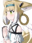  1girl :o absurdres animal_ear_fluff animal_ears arknights bare_shoulders black_gloves blonde_hair blue_hairband blush braid fox_ears fox_girl fox_tail gloves green_eyes hair_intakes hair_rings hairband hands_up highres kitsune multicolored_hair own_hands_together parted_lips shirt short_sleeves simple_background single_glove solo spam_(spamham4506) suzuran_(arknights) tail twin_braids two-tone_hair upper_body white_background white_hair white_shirt 