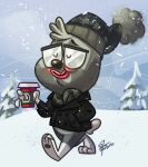 4_fingers 87octane animal_crossing anthro barold_(animal_crossing) bear biped clothed clothing eyebrows eyes_closed eyewear fingers glasses hi_res holding_object male mammal nintendo plant smile snow solo tail tree