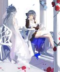  2girls bird_hair_ornament birthday black_sleeves blue_dress braid chair crossed_legs cup dress dual_persona elbow_on_table feet_out_of_frame flower fu_hua fu_hua_(azure_empyrea) fu_hua_(cerulean_court) fu_hua_(herrscher_of_sentience) fu_hua_(turn_up_the_music!)_(herrscher_of_sentience) grey_hair hair_ornament hand_on_own_chin highres honkai_(series) honkai_impact_3rd long_hair long_sleeves multiple_girls official_alternate_costume open_mouth pillar red_eyes red_flower red_rose rose sho_2nini signature simple_background sitting table wedding_dress white_background 
