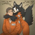 anthro bangs black_body black_fur black_hair blue_eyes bodily_fluids bone brown_hair canid canine canis chest_tuft claws clothing d-class dialogue duo embrace eye_contact fangs female fluffy fluffy_chest fluffy_tail fur hair hug hugging_from_behind human inner_ear_fluff jumpsuit long_hair looking_at_another mal0 male male/female mammal messy_hair nervous nervous_smile nervous_sweat orange_clothing prisoner pupils scp-1471 scp-1471-a scp_foundation shirt simple_background sitting skull skull_head standing sweat sweatdrop tail tateoftot teeth text topwear tuft undead white_clothing white_eyes white_pupils white_shirt white_topwear wolf wolf_ears