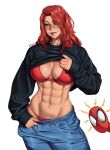  1boy 1girl abs blush bra breasts cleavage clothes_lift green_eyes highres looking_to_the_side marvel mary_jane_watson mootium muscular muscular_female panties pants red_hair shirt_lift solo spider-man_(series) track_pants underwear white_background 