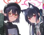  2girls animal_ears ayane_(blue_archive) azumi_akitake beret black_hair black_headwear black_jacket blue_archive blue_ribbon blush cat_ears closed_mouth extra_ears glasses green_jacket grey_hoodie hair_between_eyes hair_ribbon halo hat holding holding_tablet_pc hood hoodie jacket long_hair long_sleeves looking_at_viewer multiple_girls plaid plaid_jacket pointy_ears red-framed_eyewear red_eyes ribbon serika_(blue_archive) short_hair sidelocks tablet_pc twintails upper_body white_background yellow_eyes 
