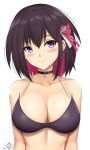  1girl alternate_costume arcie_albano artist_name azki_(hololive) blush bra breasts brown_hair choker cleavage closed_mouth collarbone hair_between_eyes highres hololive large_breasts looking_at_viewer multicolored_hair pink_hair purple_bra purple_eyes signature smile solo underwear 