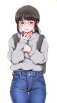  1girl backpack bag black_hair blush brown_eyes denim glasses grey_shirt highres jeans jimiko long_sleeves looking_at_viewer mole mole_under_mouth monsiurbeat2 original pants shirt simple_background standing white_background 