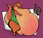 abstract_background anthro artist_name belly belly_blush belly_expansion belly_grab belly_squish big_breasts blush body_blush breasts elden_ring expansion featureless_breasts female fromsoftware front_view frown green_eyes huge_belly looking_down motion_lines open_frown open_mouth orange_body purple_background reptile scalie signature simple_background smokey_blokey snake solo squish standing tail thick_thighs three-quarter_view tongue tongue_out worried zorayas