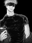  1boy blindfold gojou_satoru greyscale highres jujutsu_kaisen male_focus monochrome muscular muscular_male nay_bb parted_lips short_hair short_sleeves skin_tight spiked_hair undressing upper_body 