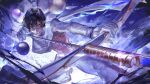 1boy absurdres agni_gandiva arjuna_(fate) arrow_(projectile) black_eyes black_hair bow_(weapon) dark-skinned_male dark_skin drawing_bow fate/grand_order fate_(series) gloves highres holding holding_bow_(weapon) holding_weapon male_focus sailin weapon white_gloves 